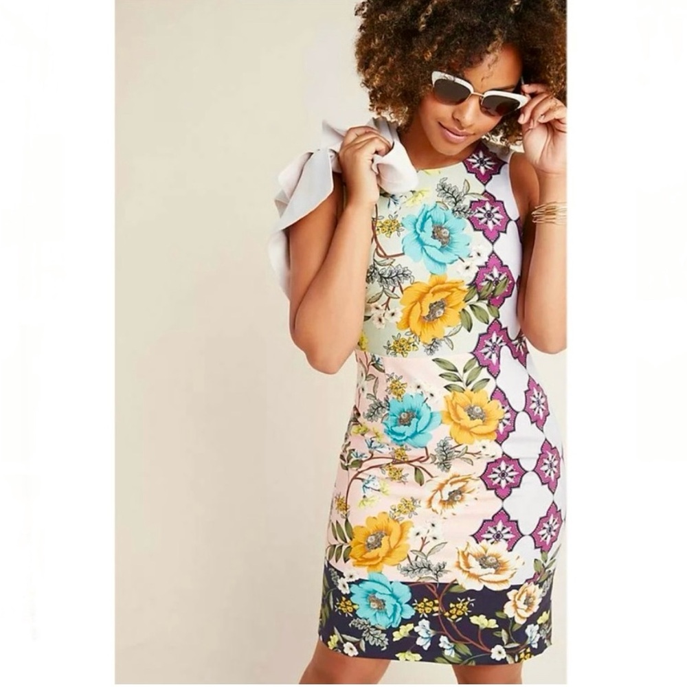 Anthropologie Floral Dress with Yellow, Blue, and Purple Accents